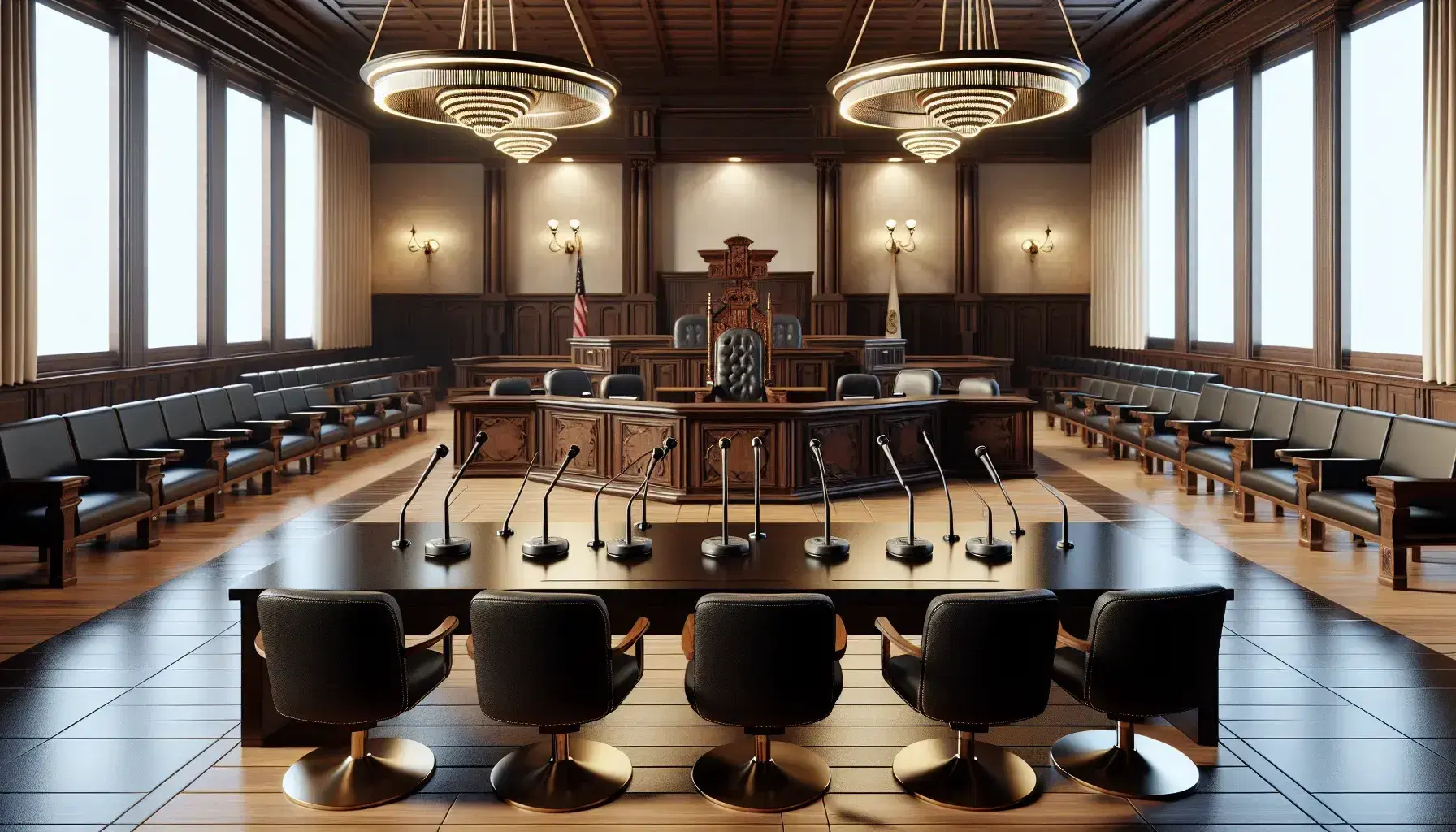 Sala de tribunal vacía con mesa central de madera oscura, micrófonos negros, sillas con cojines de cuero, estrado del juez con silla alta de cuero rojo, banderas verticales a los lados, podio de testigo y bancos para el público.