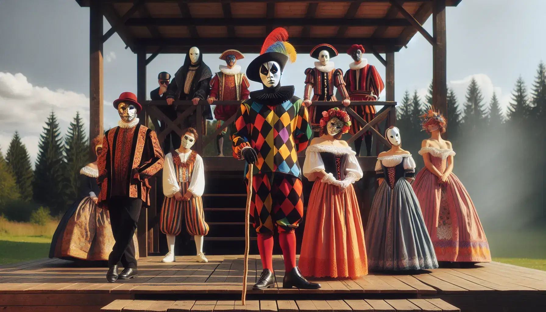 Attori in costume Commedia dell'Arte su palco esterno: Arlecchino al centro, Pantalone a destra e Colombina a sinistra, con altri personaggi sullo sfondo.