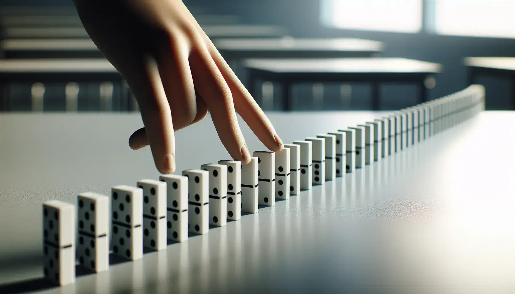 Close-up view of white dominoes lined up on a matte surface with a finger ready to tip the first one, in a soft-focus classroom setting.