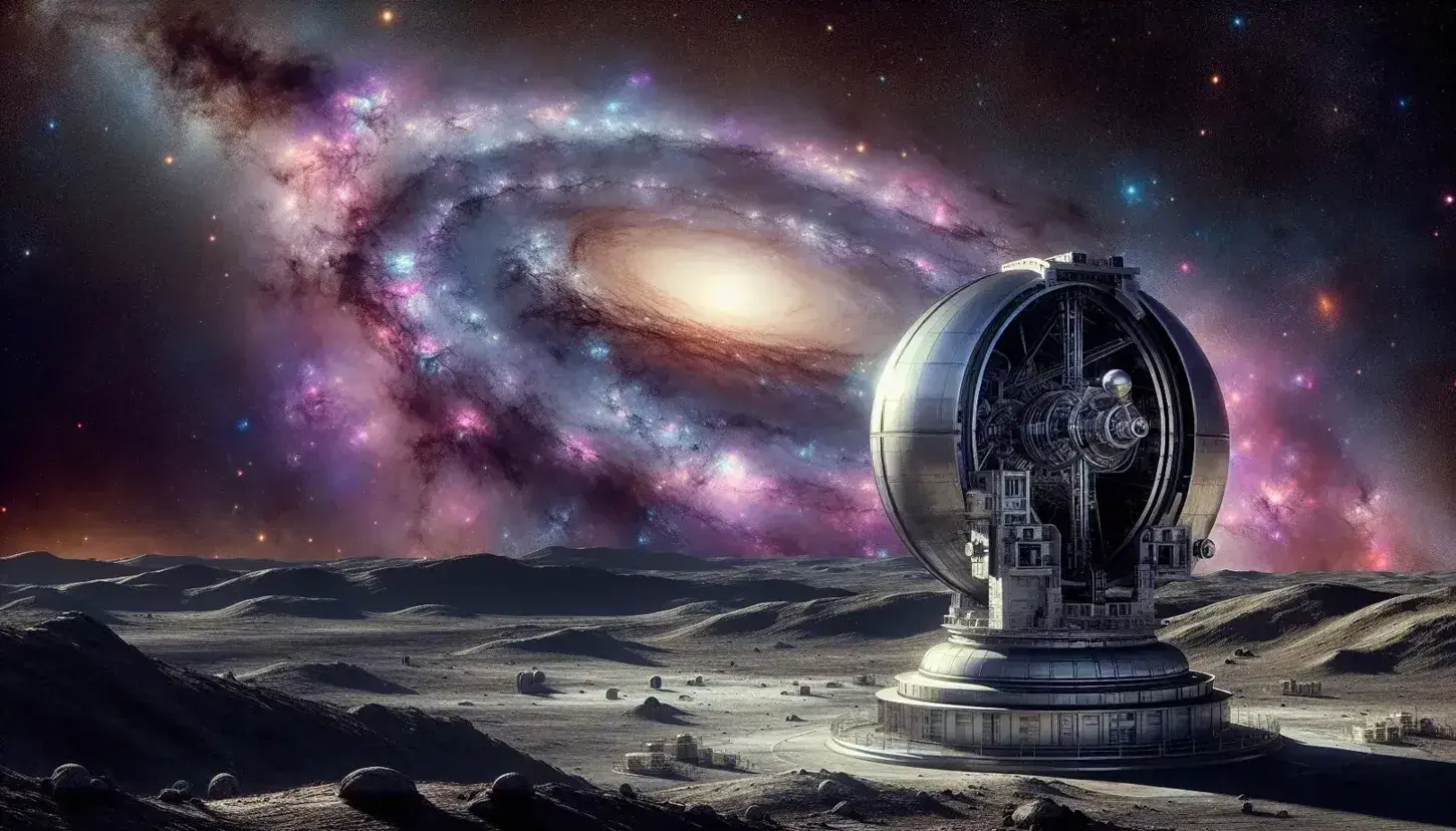 Spherical telescope on rocky terrain points towards a spiral galaxy and colorful nebulae in deep space scenery.