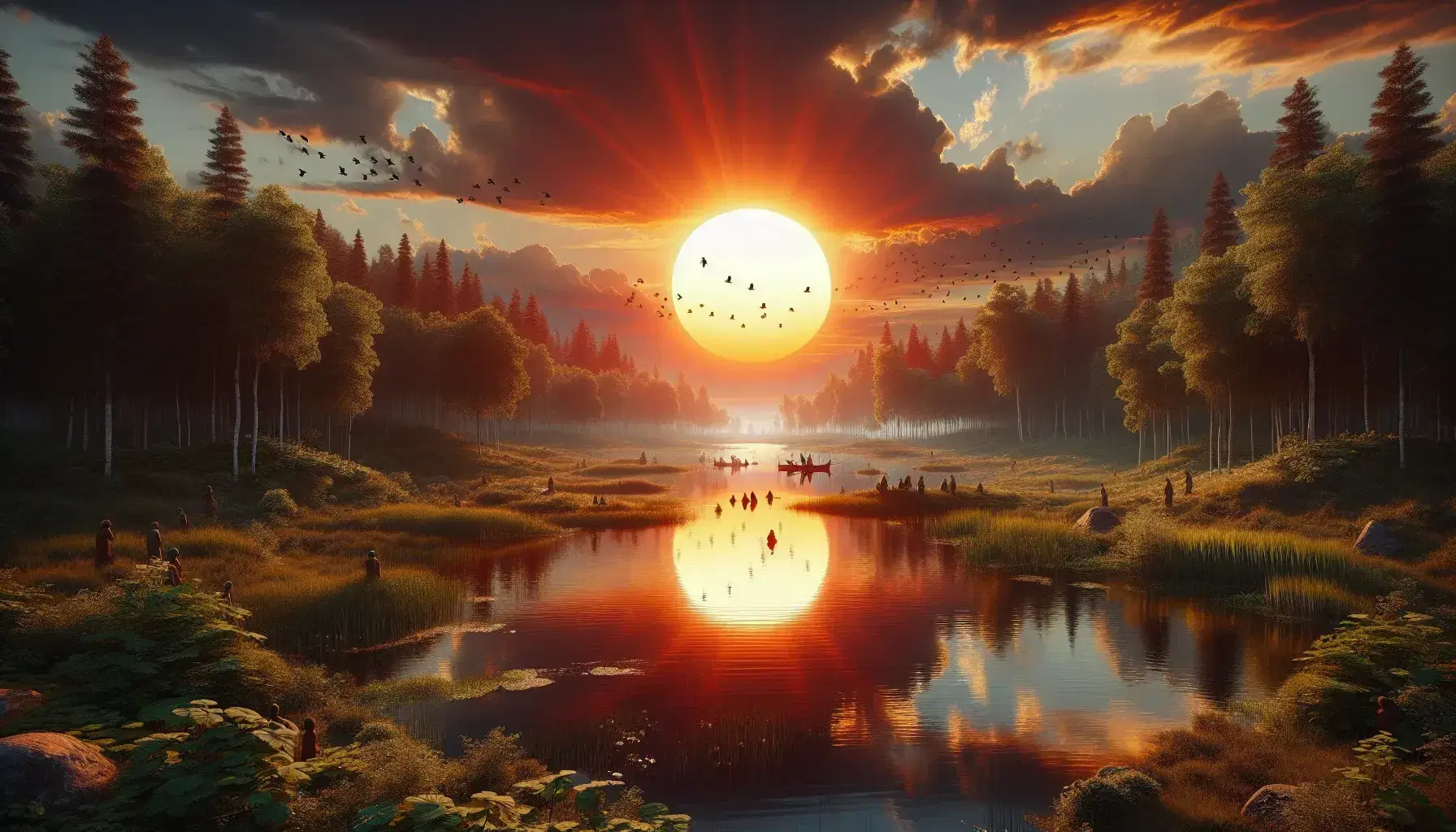 Paesaggio naturale al solstizio d'estate con sole luminoso sull'orizzonte, riflessi sul lago calmo, alberi verdi e figure umane in contemplazione.