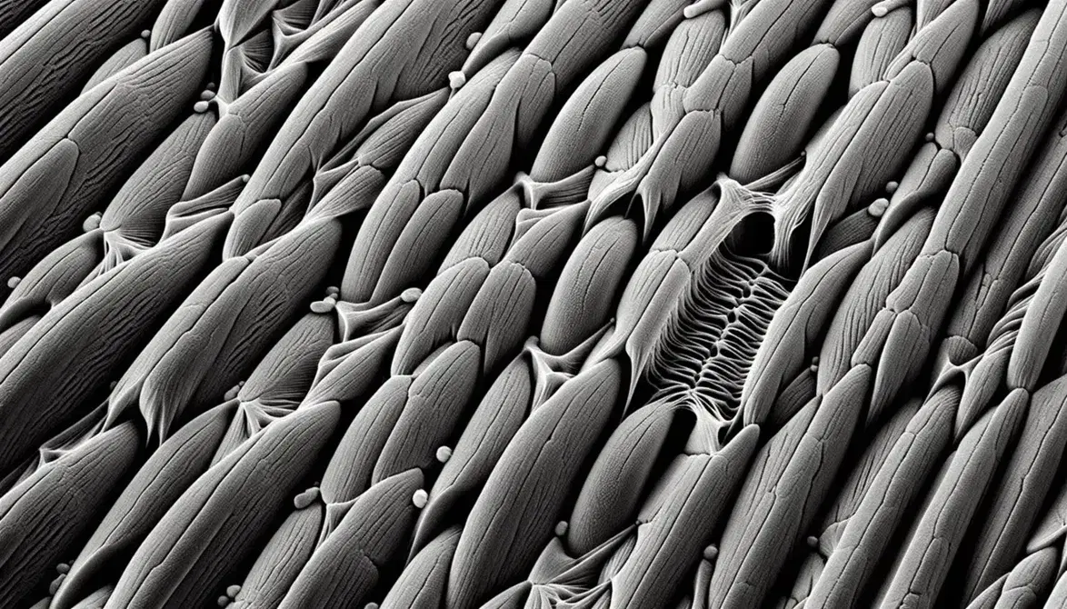 Fibra muscolare scheletrica al microscopio elettronico con striature regolari che mostrano bande A scure e bande I chiare, intervallate da linee Z.