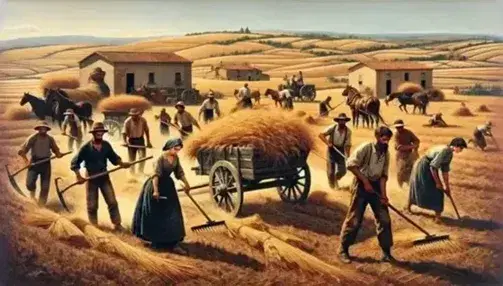 Contadini siciliani del XIX secolo mietono il grano in campagna sotto il sole, con carretto e buoi sullo sfondo.