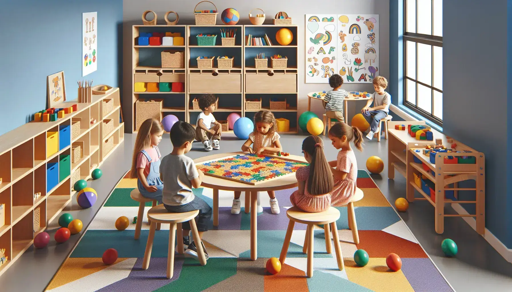 Niños de diversas etnias colaborando en un rompecabezas de colores primarios en un aula luminosa con juguetes educativos y un grupo escuchando a un adulto.