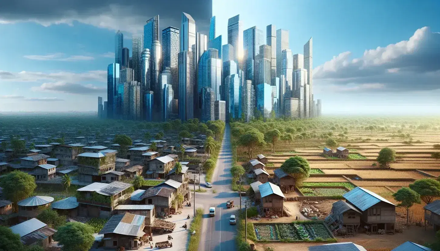 Contraste entre ciudad moderna con rascacielos y zona rural con casas bajas y vegetación, divididas por una carretera que se pierde en el horizonte.