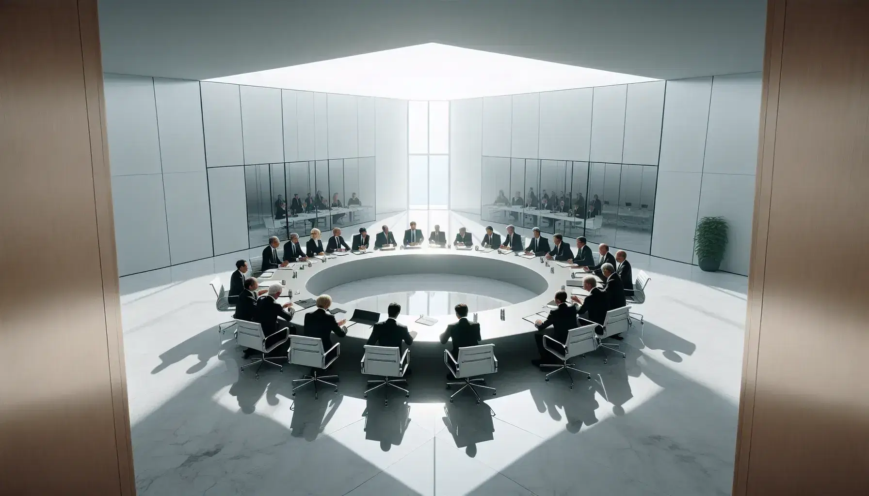 Gruppo di professionisti in abiti formali seduti attorno a un tavolo ovale in una sala conferenze luminosa e moderna, impegnati in una riunione di lavoro.