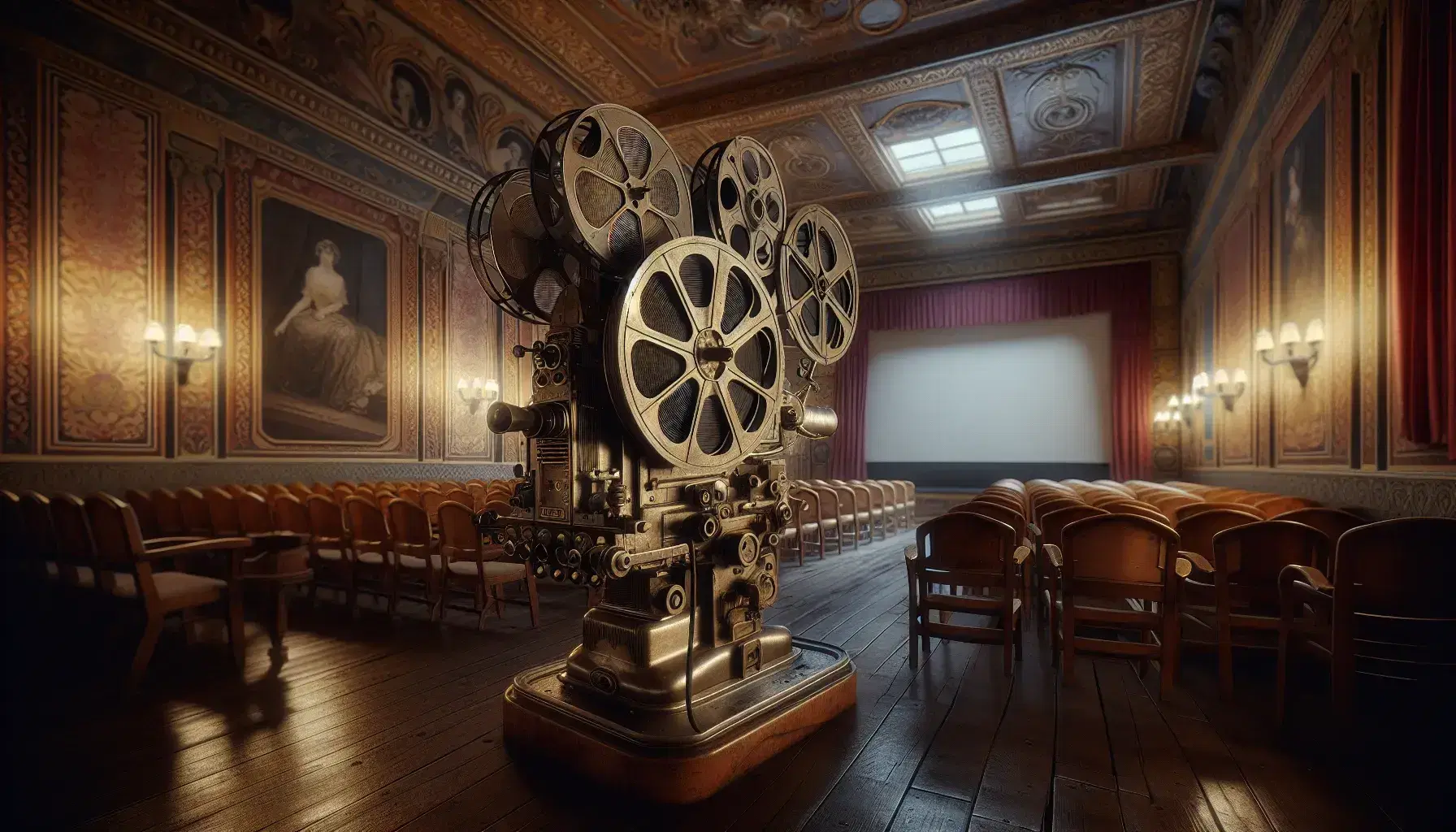 Proiettore cinematografico antico in metallo su base di legno in sala vintage con sedie in legno e pareti decorate in stile Belle Époque.