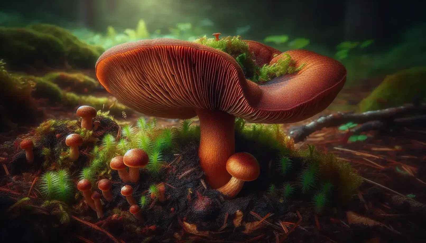 Close-up of a mature brown mushroom with visible gills on a stem, surrounded by smaller fungi and moss on a forest floor.