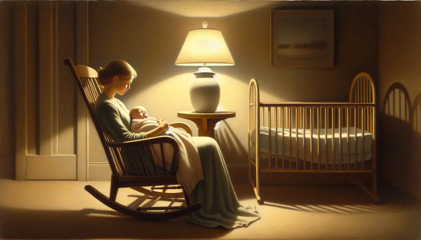 Serene scene with a caregiver cradling a sleeping newborn in a rocking chair, in a room lit by a soft lamp.