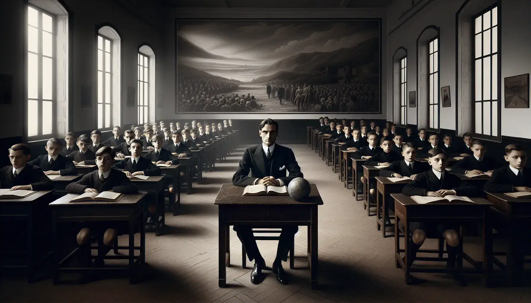 Aula scolastica italiana anni '30 con insegnante e studenti in uniforme, banchi in legno, mappa e quadri senza testo.