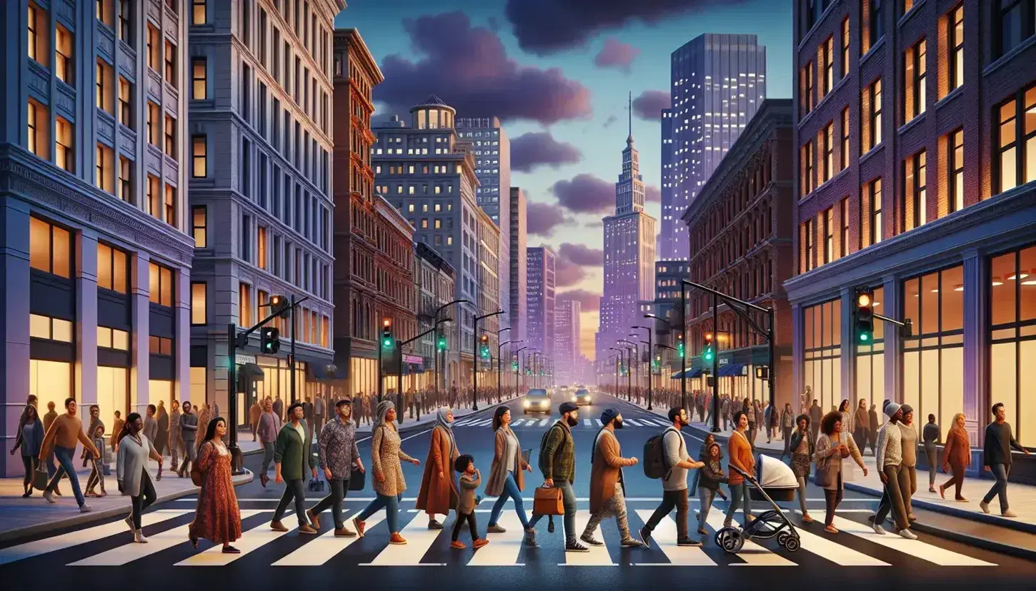Diverse pedestrians cross a city street at dusk, with a mix of modern and classic architecture illuminated by warm streetlights.