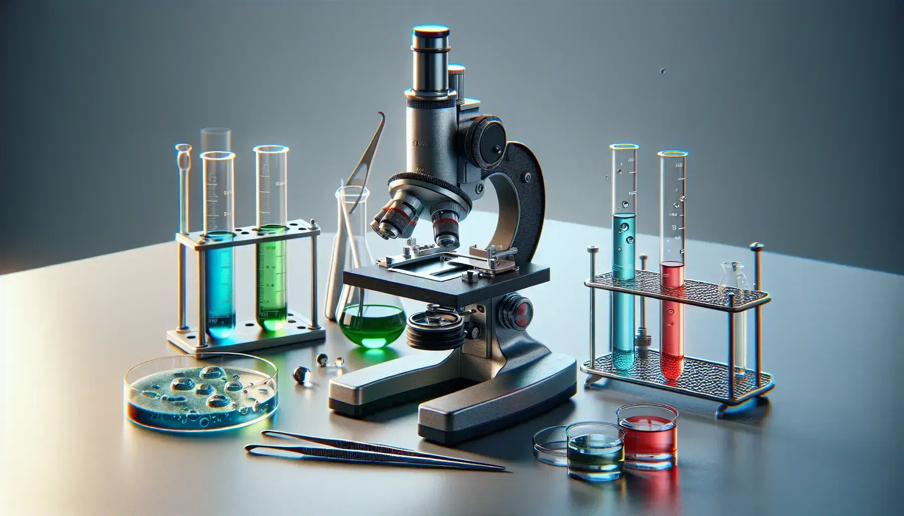 Microscopio negro y plateado en mesa de laboratorio con tubos de ensayo con líquidos de colores, termómetro junto a bloque de hielo y plato de Petri con pinzas.