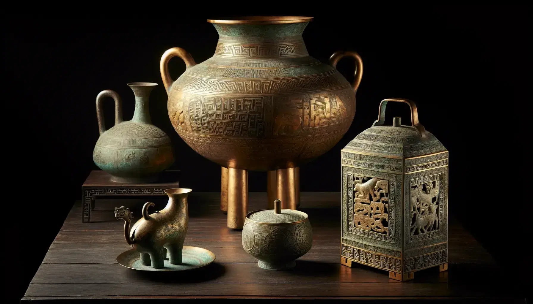 Collezione di bronzi cinesi antichi con grande Ding rituale, piccolo vaso, campana musicale Zhong e osso oracolare su tavolo scuro.