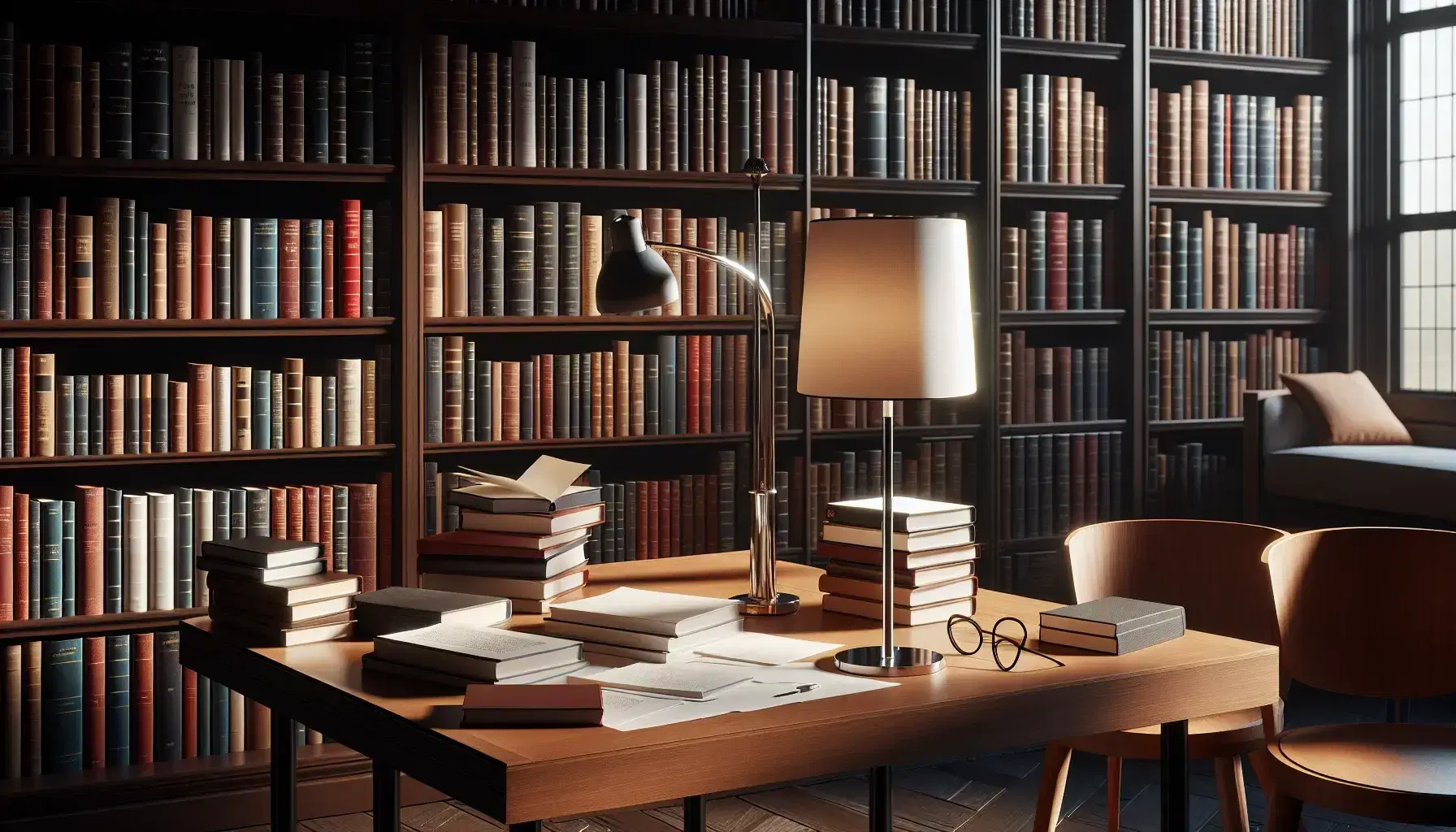 Biblioteca acogedora con estanterías de madera oscura llenas de libros coloridos, mesa con lámpara de pie y gafas sobre papeles desordenados.