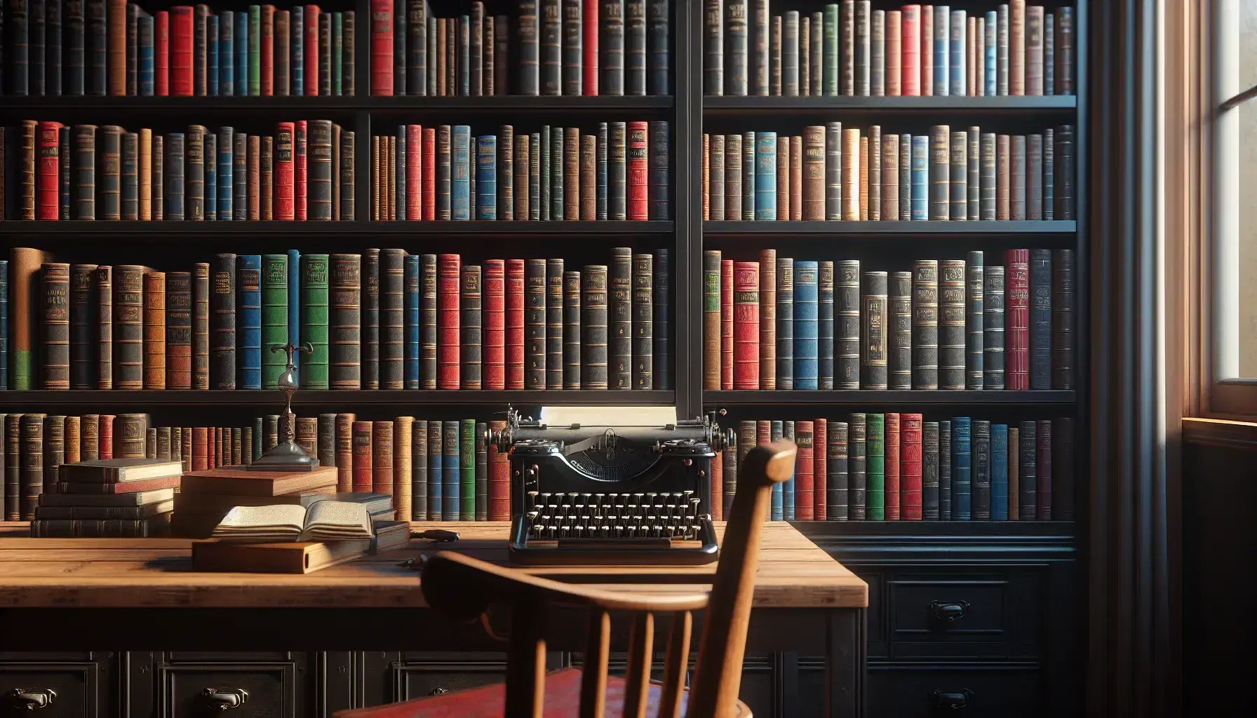 Librería de madera oscura repleta de libros con lomos de colores variados y una máquina de escribir antigua sobre una mesa con silla roja, iluminación natural a un lado.