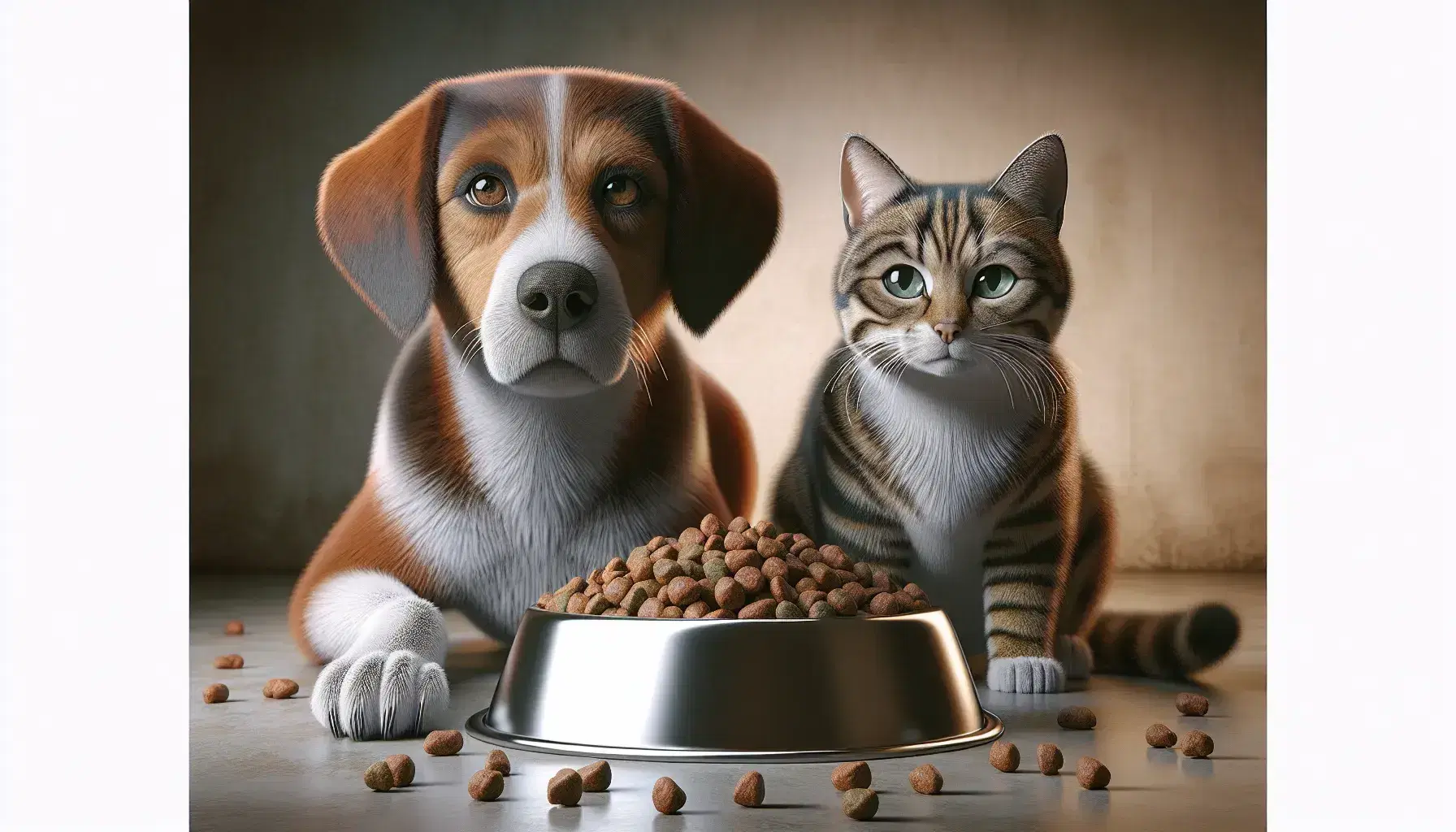Perro marrón y blanco junto a gato rayado gris y negro mirando adelante, con tazón de acero inoxidable y comida seca al fondo.