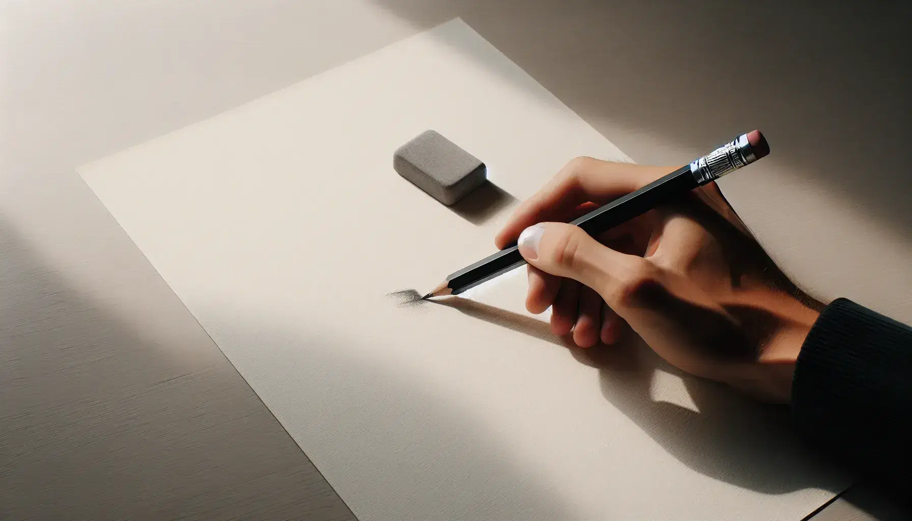 Mano sosteniendo lápiz negro con detalles plateados escribiendo en hoja blanca sobre superficie de madera clara, con trazos oscuros visibles en la esquina superior izquierda.