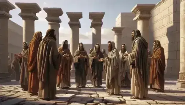 Grupo de cinco personas en túnicas de tonos tierra debatiendo en una plaza antigua con estructuras de piedra y cielo despejado de fondo.