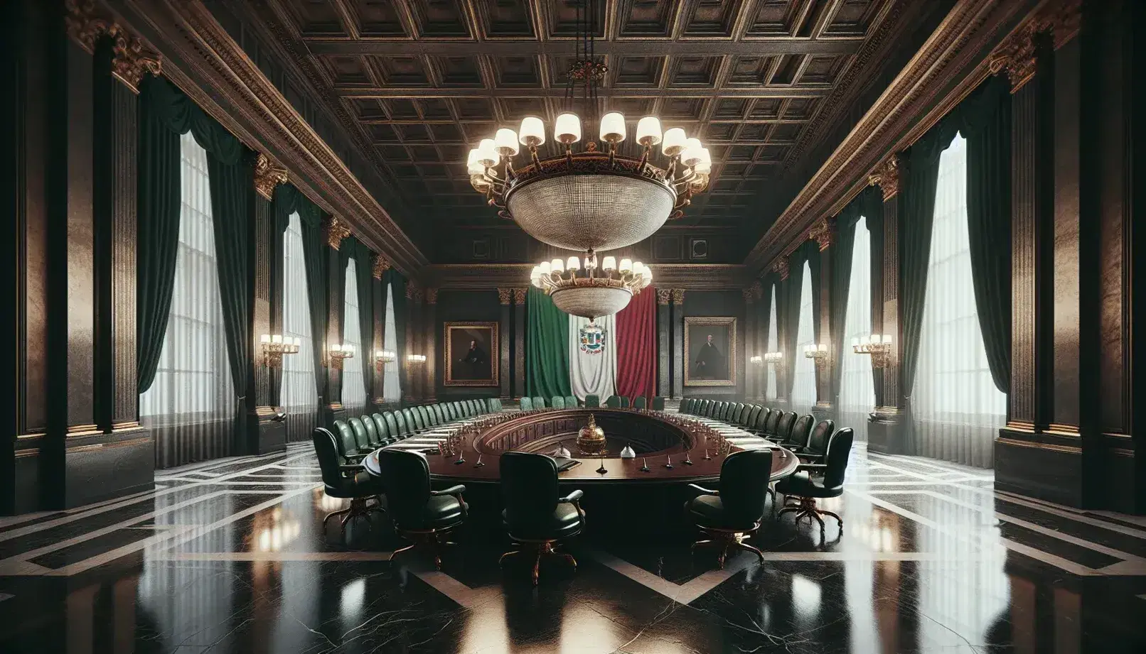 Sala riunioni solenne con tavolo ovale in legno, sedie in pelle verde, soffitto stuccato, tende rosse e bandiera italiana.