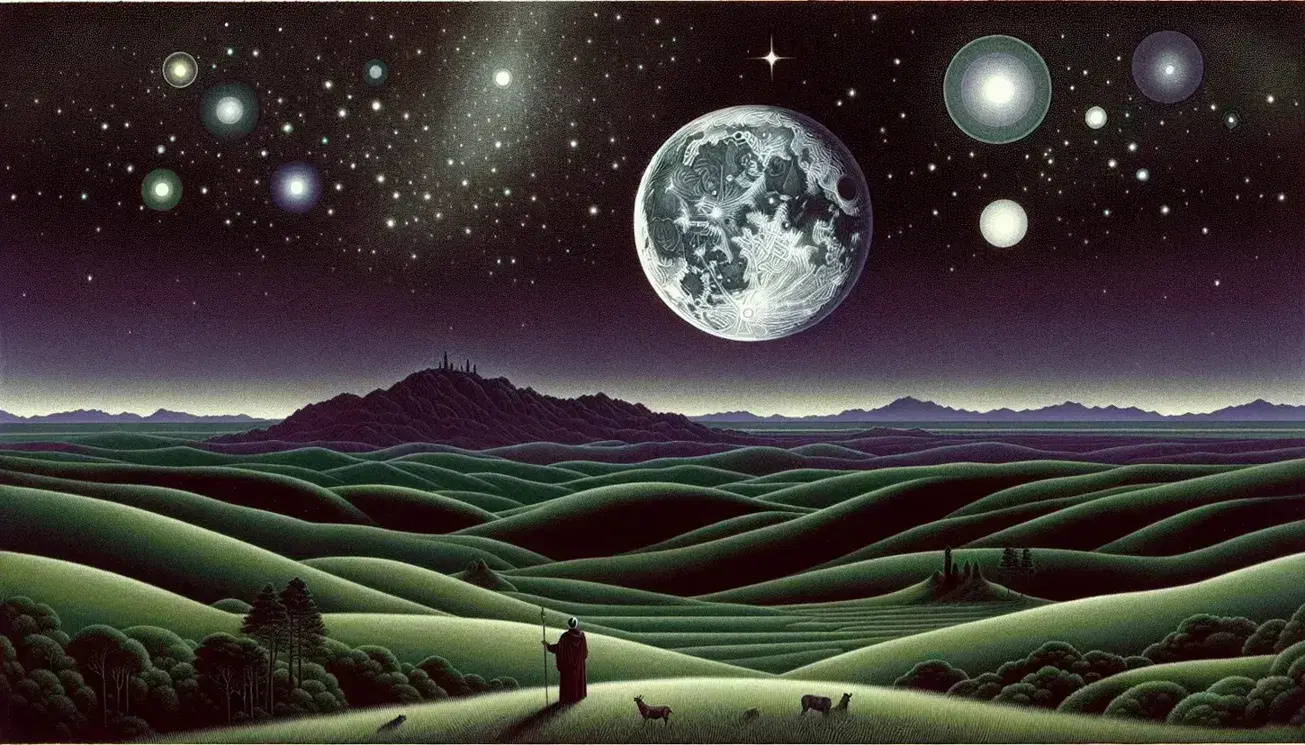 Cielo stellato notturno con pianeta Mercurio luminoso al centro, colline erbose e figura umana in abiti bizantini osserva incantata.