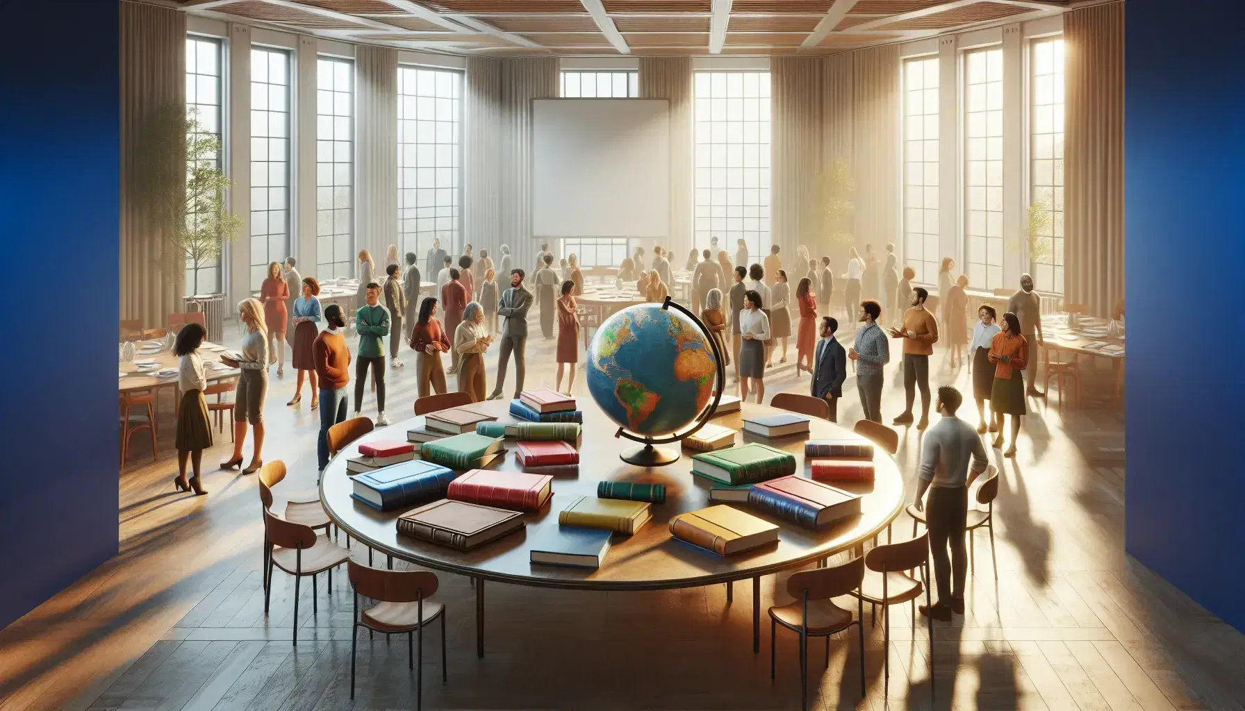 Grupo diverso en reunión colaborativa alrededor de una mesa redonda con un globo y libros, en un espacio iluminado con luz natural.