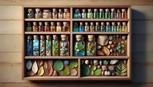 Estante de madera con colección de piedras coloridas, hojas verdes variadas, frascos con líquidos de colores y figuras geométricas sólidas.