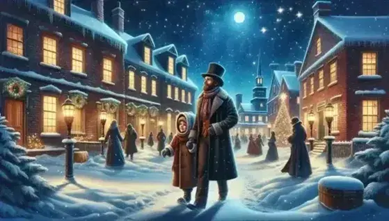 Escena invernal nocturna en calle antigua con hombre y niño caminando en la nieve, casas iluminadas, árbol de Navidad y luna llena.