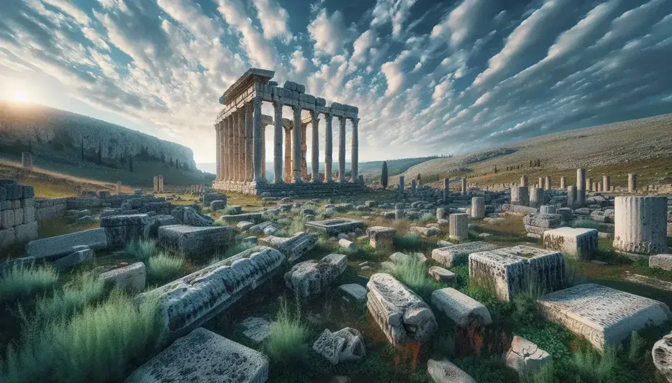 Vista panoramica di rovine antiche con tempio dorico eroso e colonne parzialmente distrutte su terreno erboso con cielo azzurro.