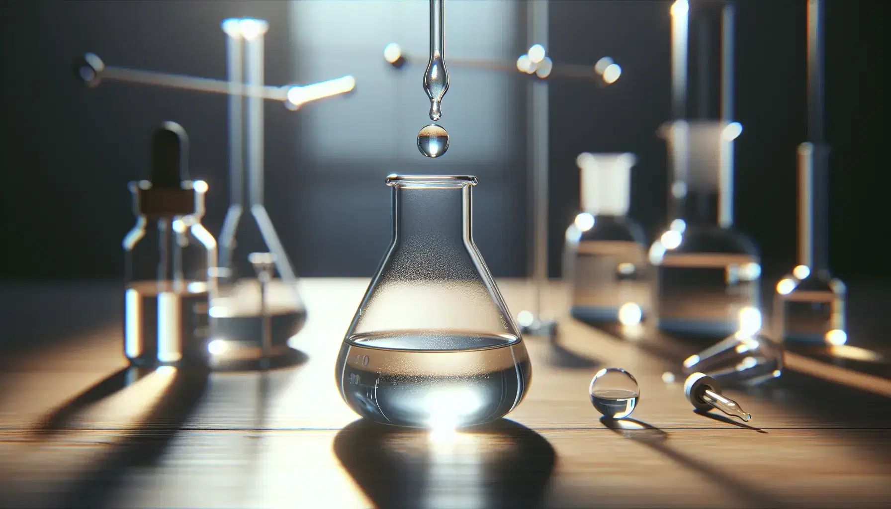 Glass pipette releases a drop into a flask with slightly yellow liquid on laboratory bench, blurred background with assorted glassware.