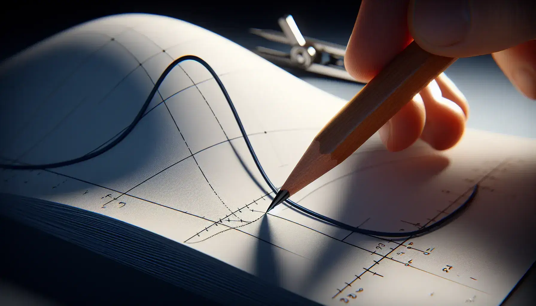 Mano che tiene una matita sulla tangente di una curva blu scuro disegnata su carta bianca, con compasso sfocato sullo sfondo.
