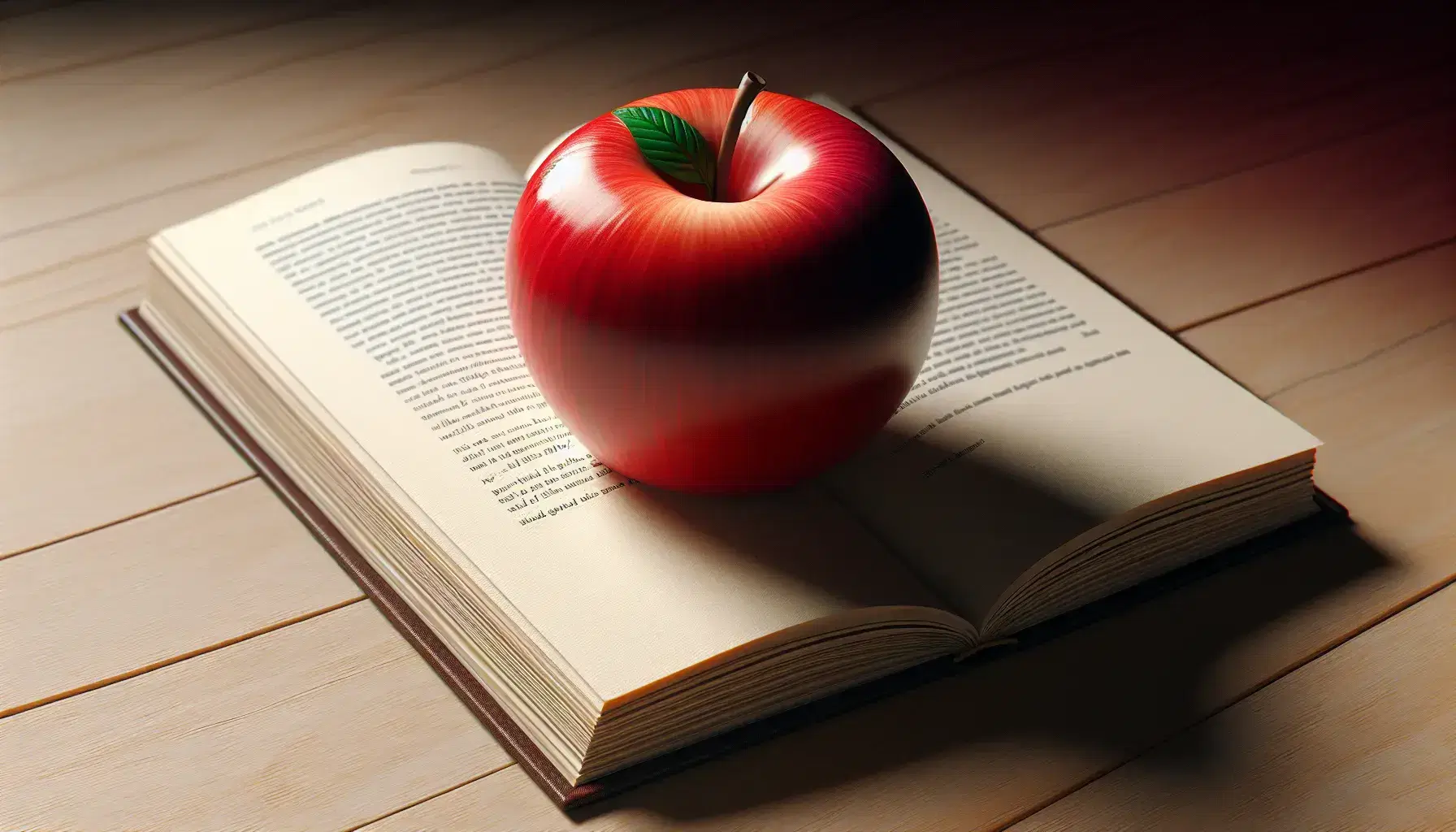 Red apple with a leaf on a blank open book, resting on a wooden surface with soft shadows and a blurred background.