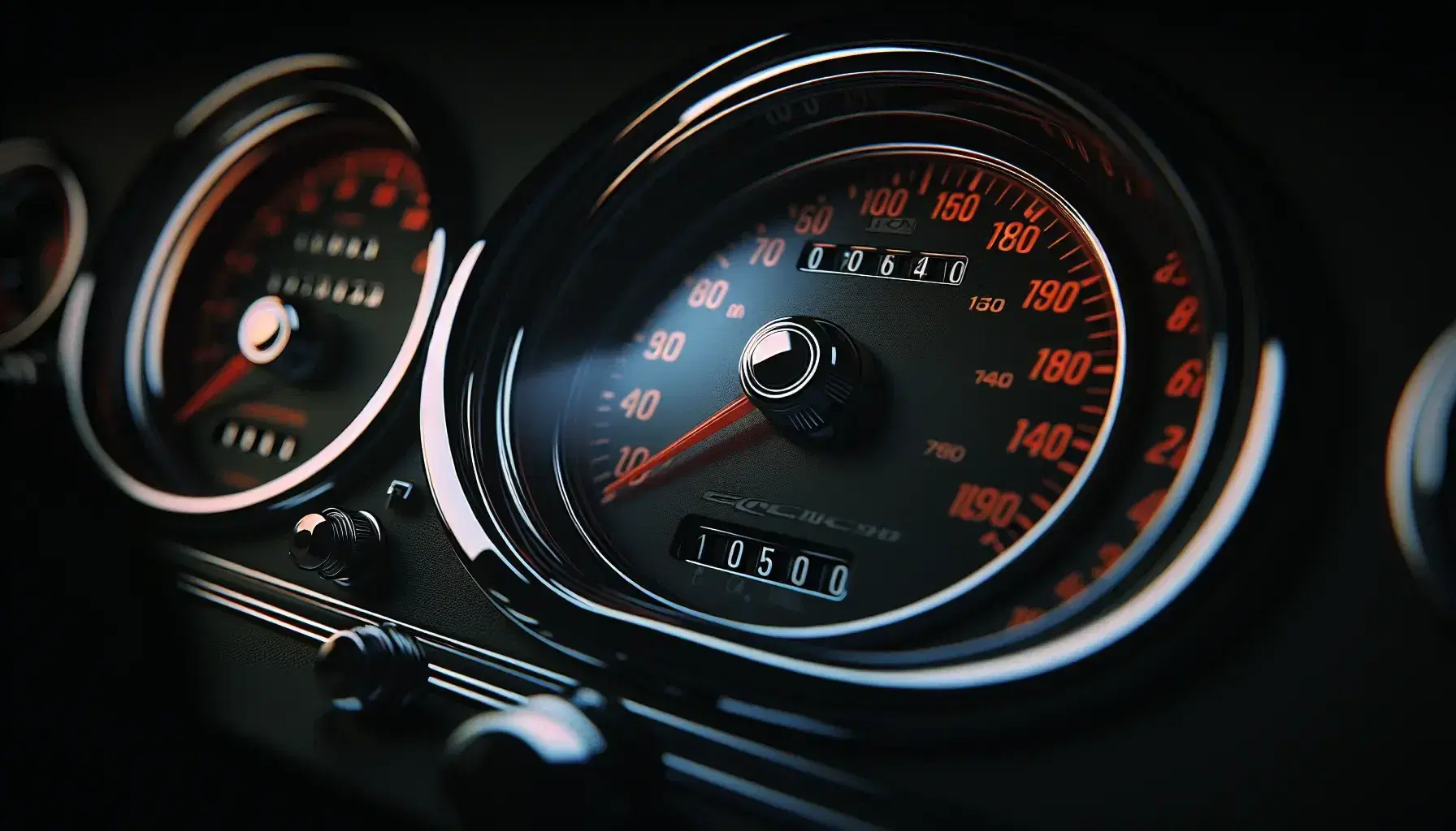 Close-up view of a car's speedometer and tachometer with red needles pointing to unmarked values, set against a black background with chrome trim.
