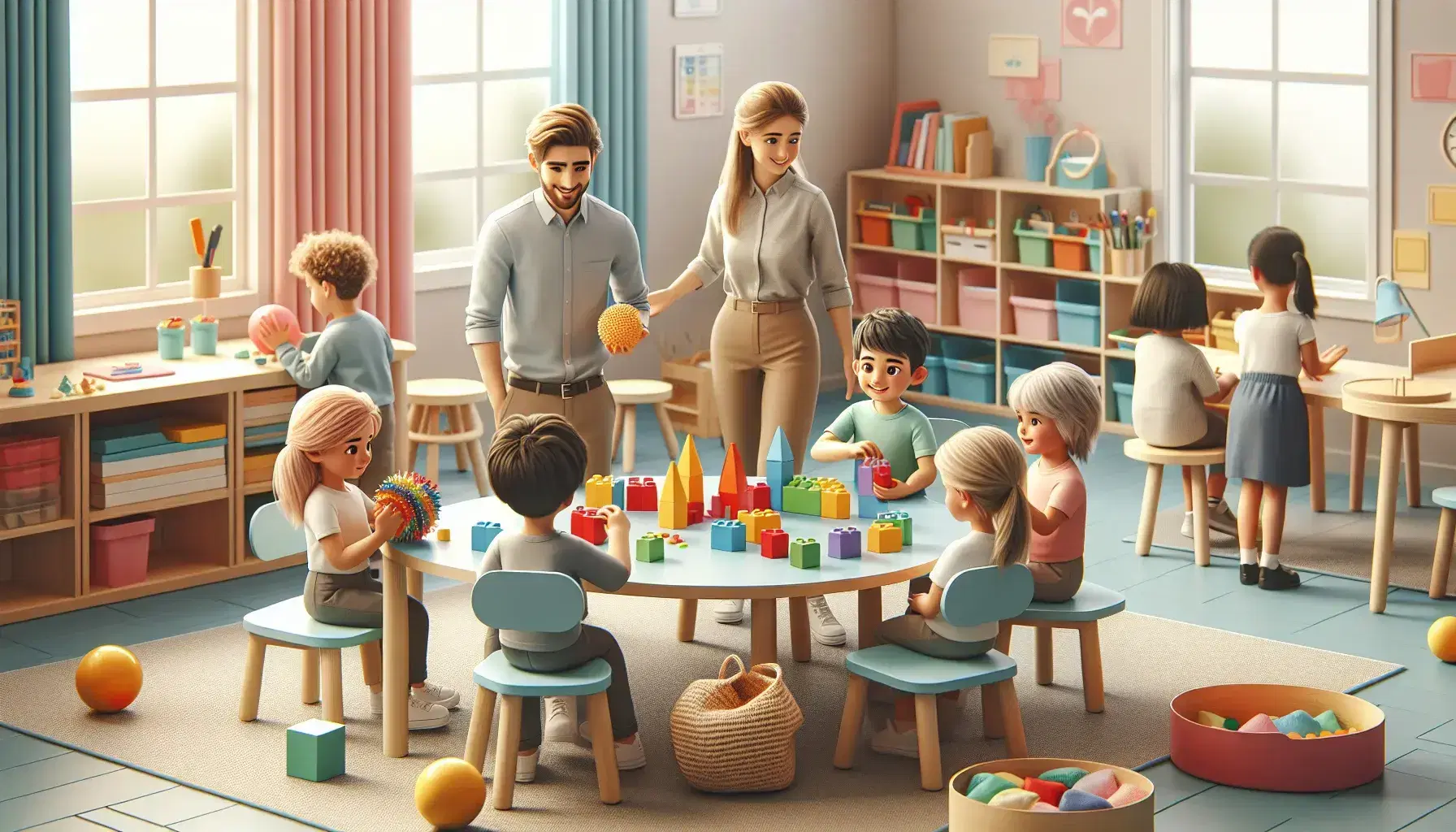 Aula colorida con estudiantes y profesor, niños interactuando con bloques de construcción y materiales sensoriales, ambiente educativo luminoso.