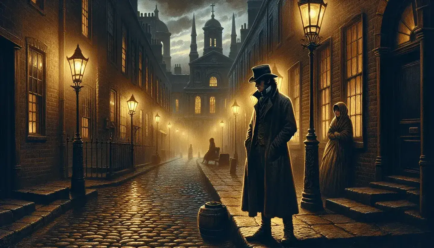 Escena nocturna del siglo XIX en calle adoquinada con joven pensativo en abrigo y sombrero, iluminado por faroles a gas, y mujer observándolo cerca de una iglesia.