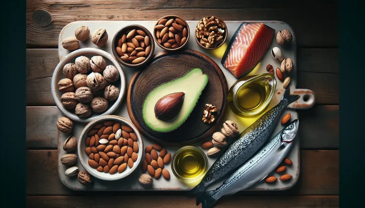 Tavola rustica con cibo ricco di lipidi: noci, mandorle, pistacchi su tagliere, avocado, olio d'oliva in barattolo e pesce grasso.