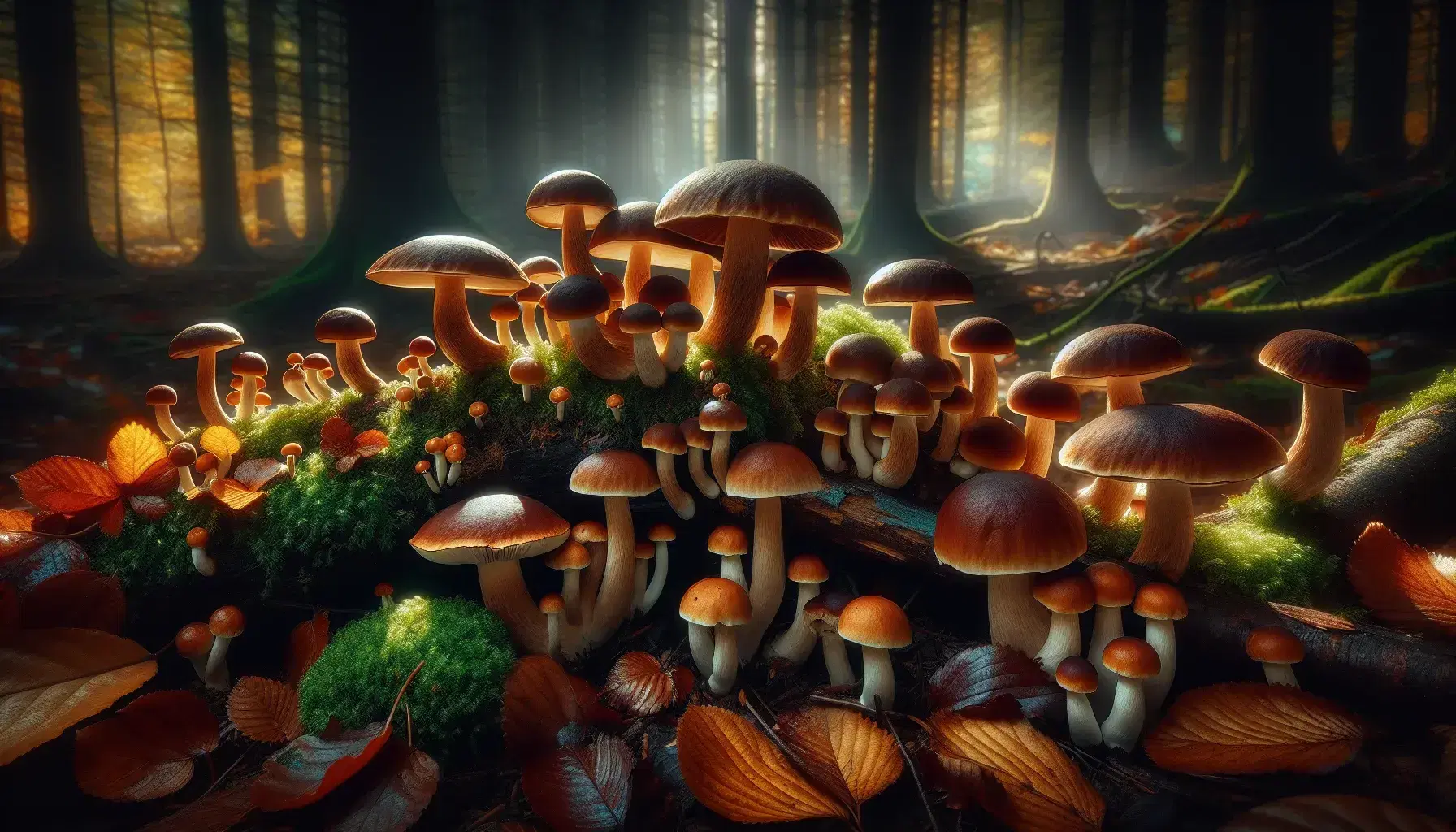 Variedad de hongos en hábitat natural con hojas otoñales, tronco musgoso y luz solar filtrándose a través de árboles en un bosque.