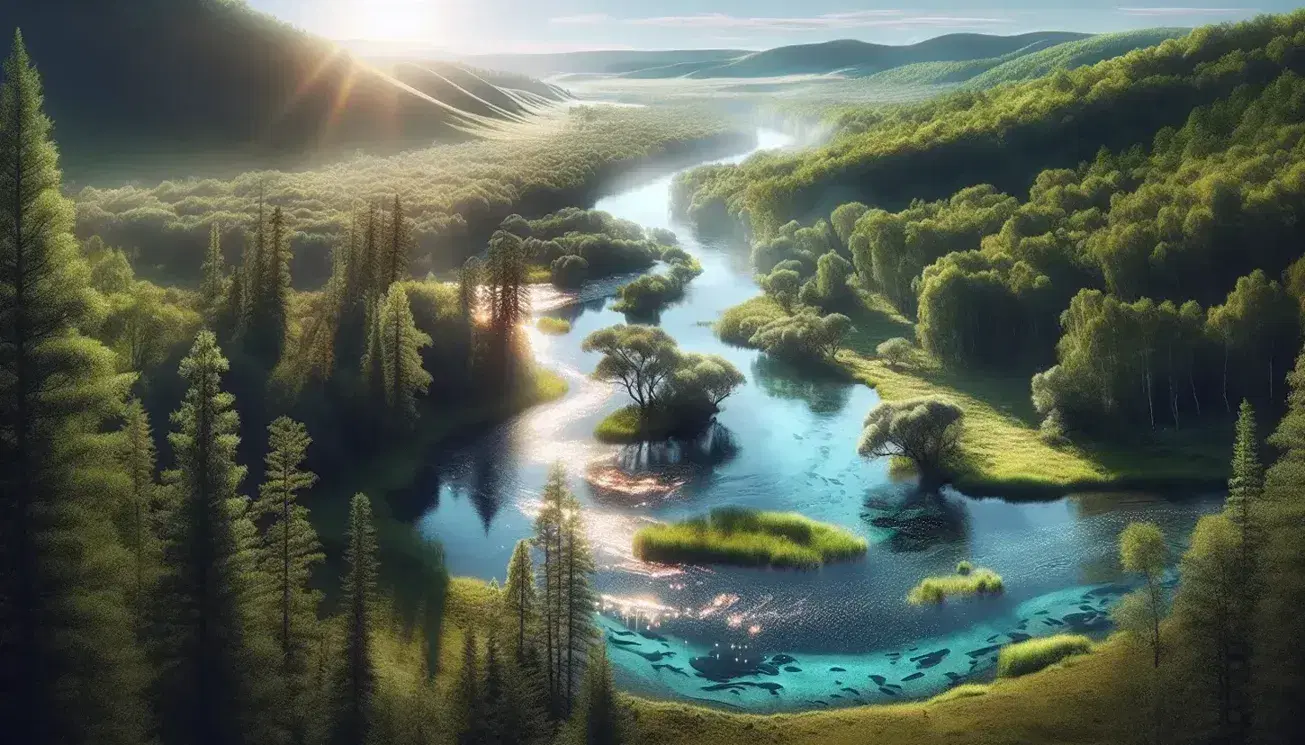 Fiume serpeggiante in valle con riflessi solari, vegetazione lussureggiante sulle rive e cielo quasi sgombro su paesaggio naturale incontaminato.