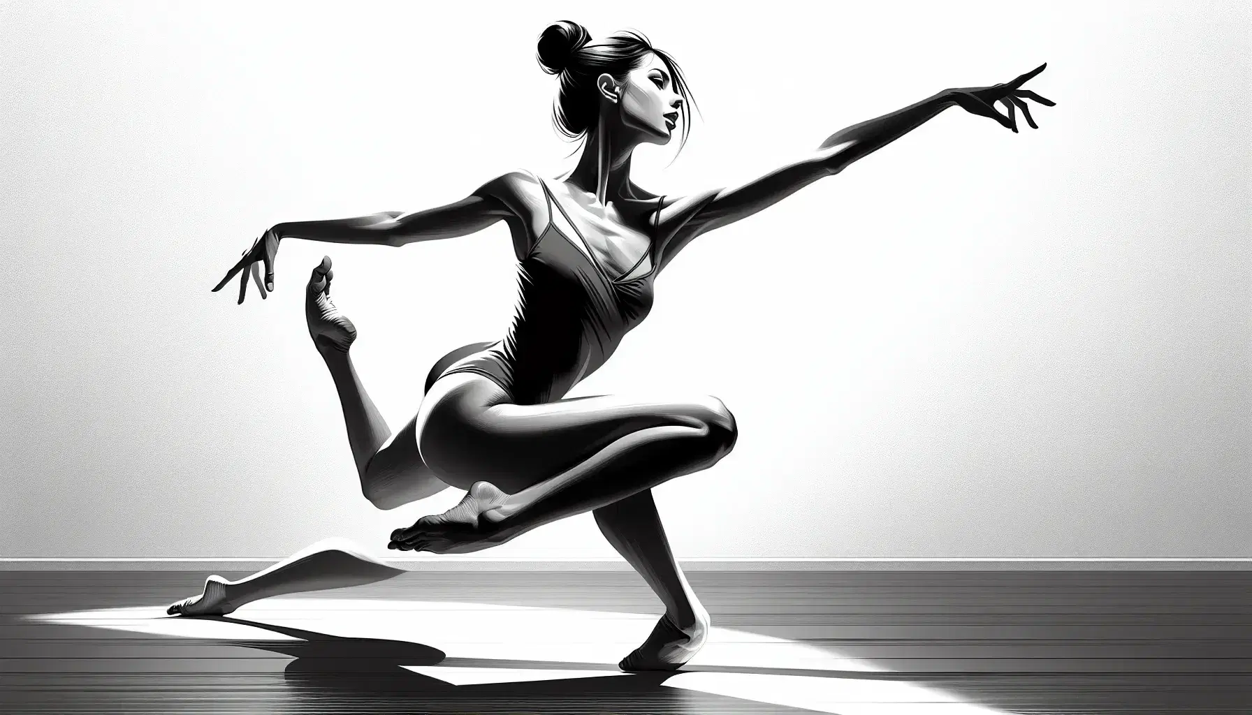 Ballerina moderna in bianco e nero esegue una coreografia, con braccia aperte e gamba sollevata, in uno studio di danza con giochi di ombre.