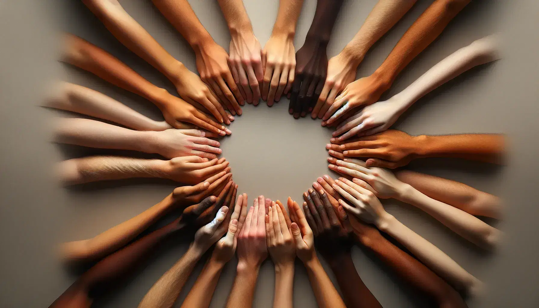 Mani intrecciate di diverse tonalità di pelle formano un cerchio su sfondo neutro, simboleggiando unità e diversità.