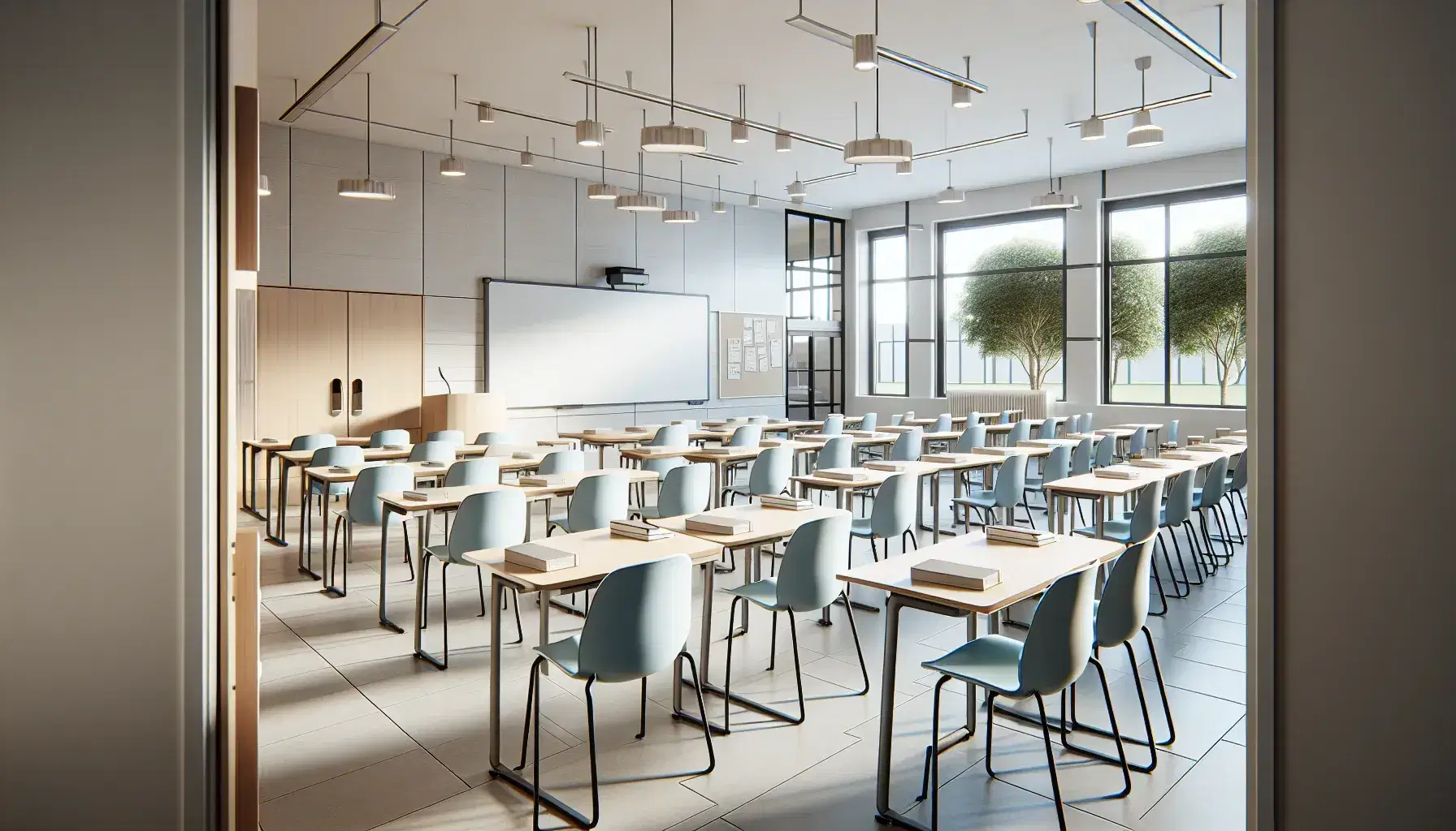 Aula escolar moderna y luminosa con pupitres de madera y sillas ergonómicas azules, pizarra blanca grande y ventana con vista a un árbol.