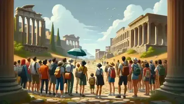 Grupo de turistas atentos escuchando a un guía con paraguas en un sitio histórico con arquitectura clásica, bajo un cielo azul con nubes dispersas.