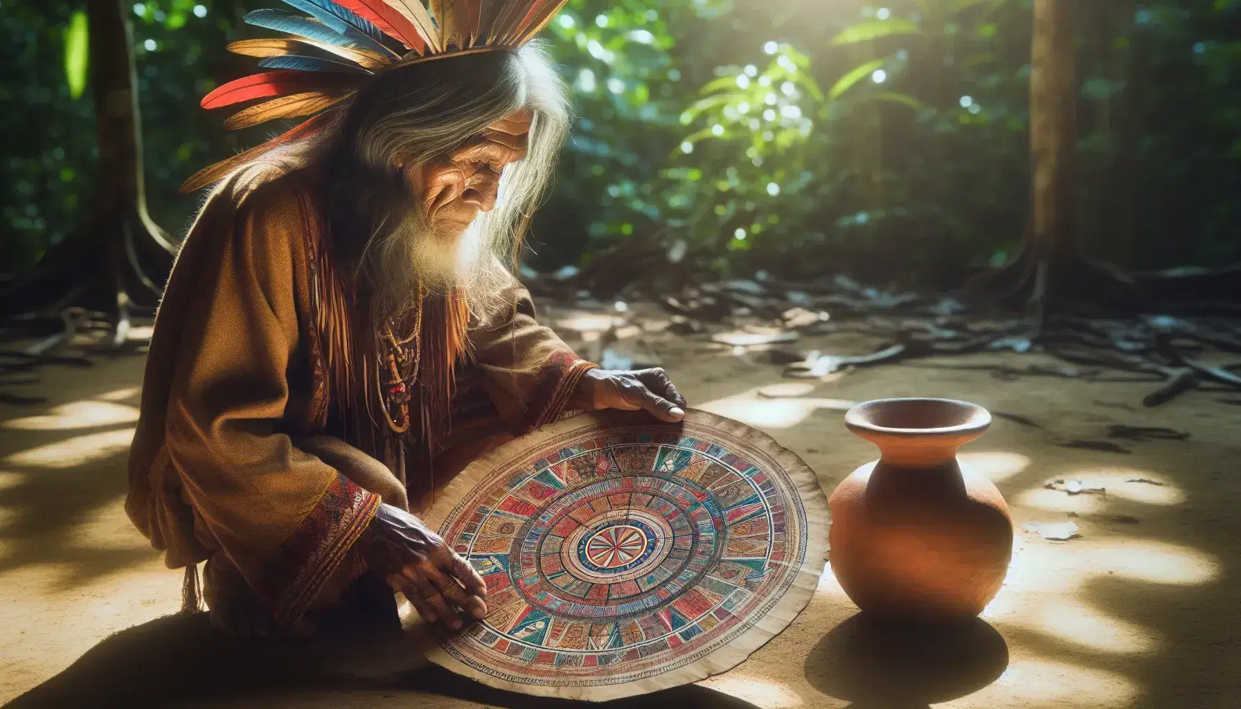Anciano indígena con piel morena y cabello canoso en cuclillas, vistiendo túnica tradicional y tocado de plumas, sostiene códice de amate ante olla de barro y vegetación.