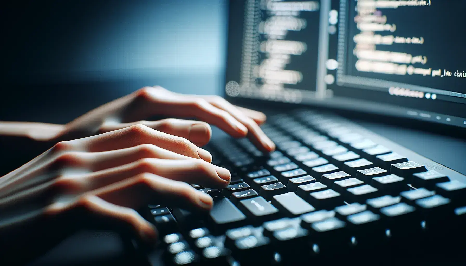 Close-up of a computer keyboard with blurry black keys and hands on top ready to type, background with IDE screen turned on.