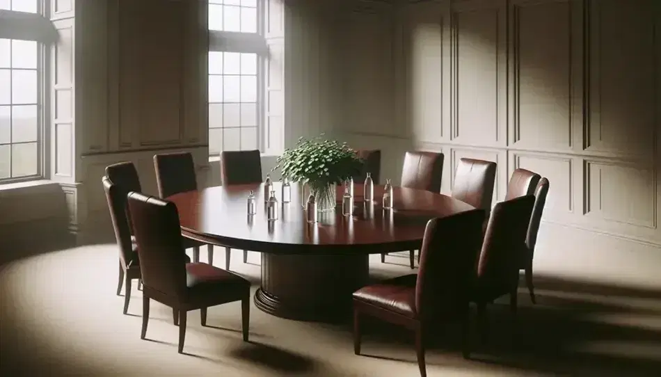 Round dark wood table with seven burgundy leather chairs and clear glass water bottles, centered by green plants in white pots, in a well-lit room.