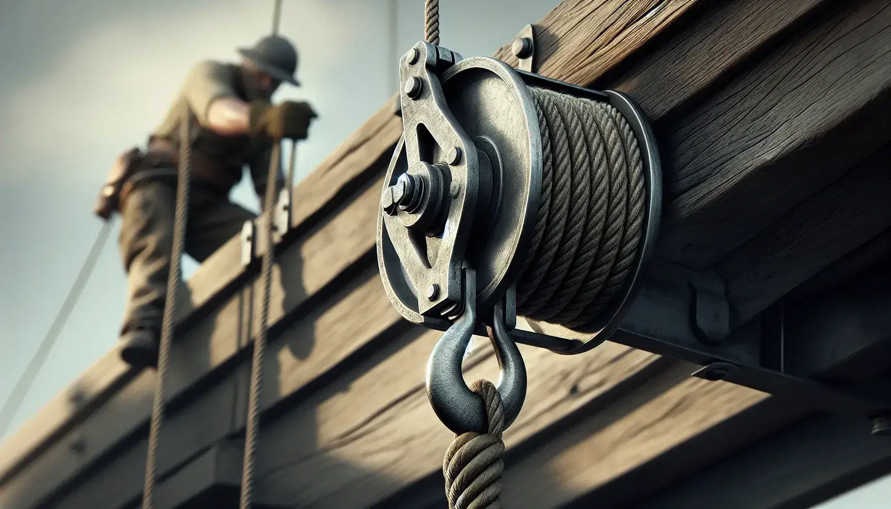 Classic pulley system with a metallic hook and coiled rope, lifting a heavy gray object, set against a soft blue sky background.