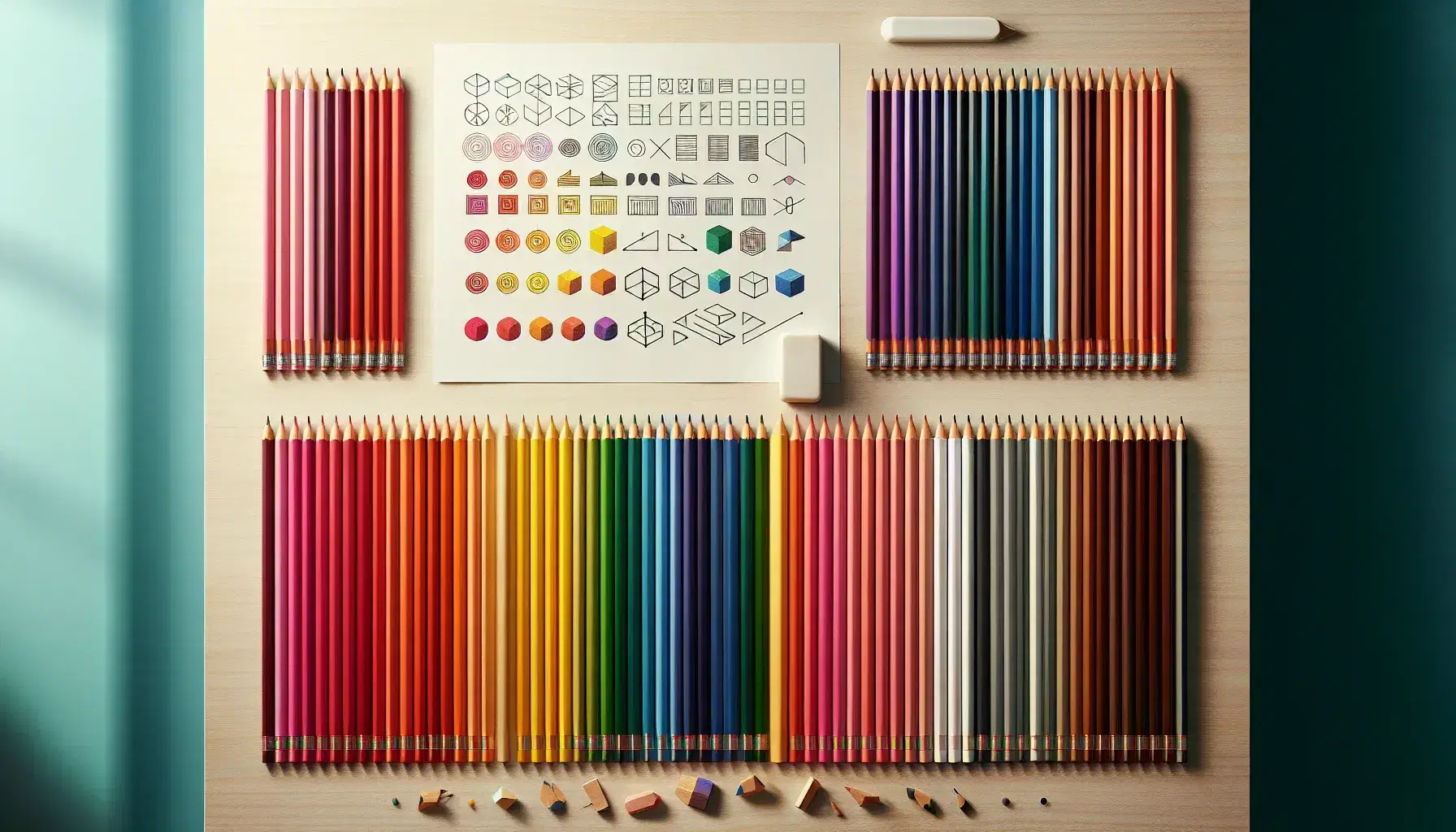 Matite colorate ordinate da rosso a viola su tavolo chiaro con foglio bianco e forme geometriche disegnate, gomma in alto a sinistra.