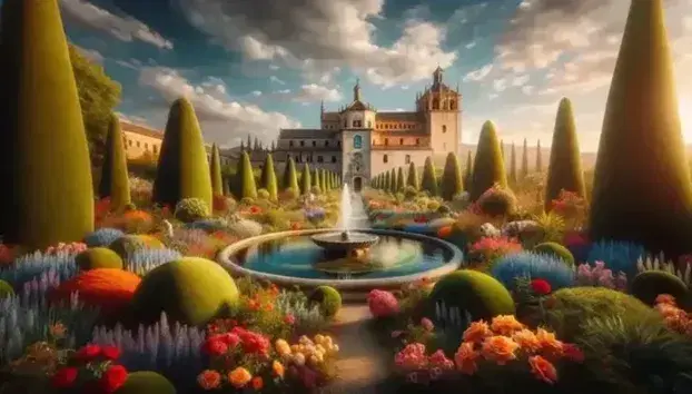 Jardín renacentista con flores coloridas y fuente de piedra, palacio con ventanas arqueadas y torre central, rodeado de árboles y cielo azul.