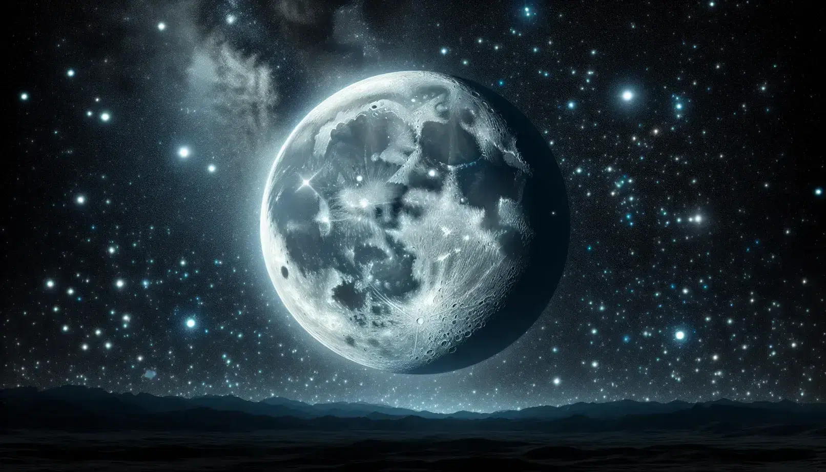 Cielo notturno stellato con luna piena dettagliata e superficie visibile, su sfondo blu scuro sfumato in nero senza costellazioni.