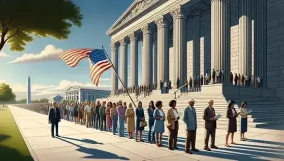 Multi-ethnic group queuing outside classic building with columns, blue sky, person with American flag blowing in the wind.