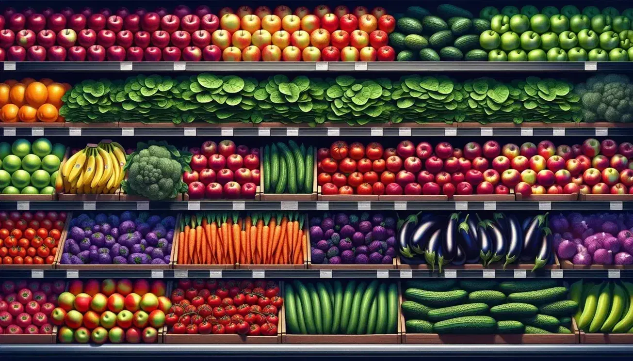 Colorful grocery store produce section with neatly arranged apples, carrots, spinach, bananas, eggplants, cucumbers, tomatoes, and bell peppers.